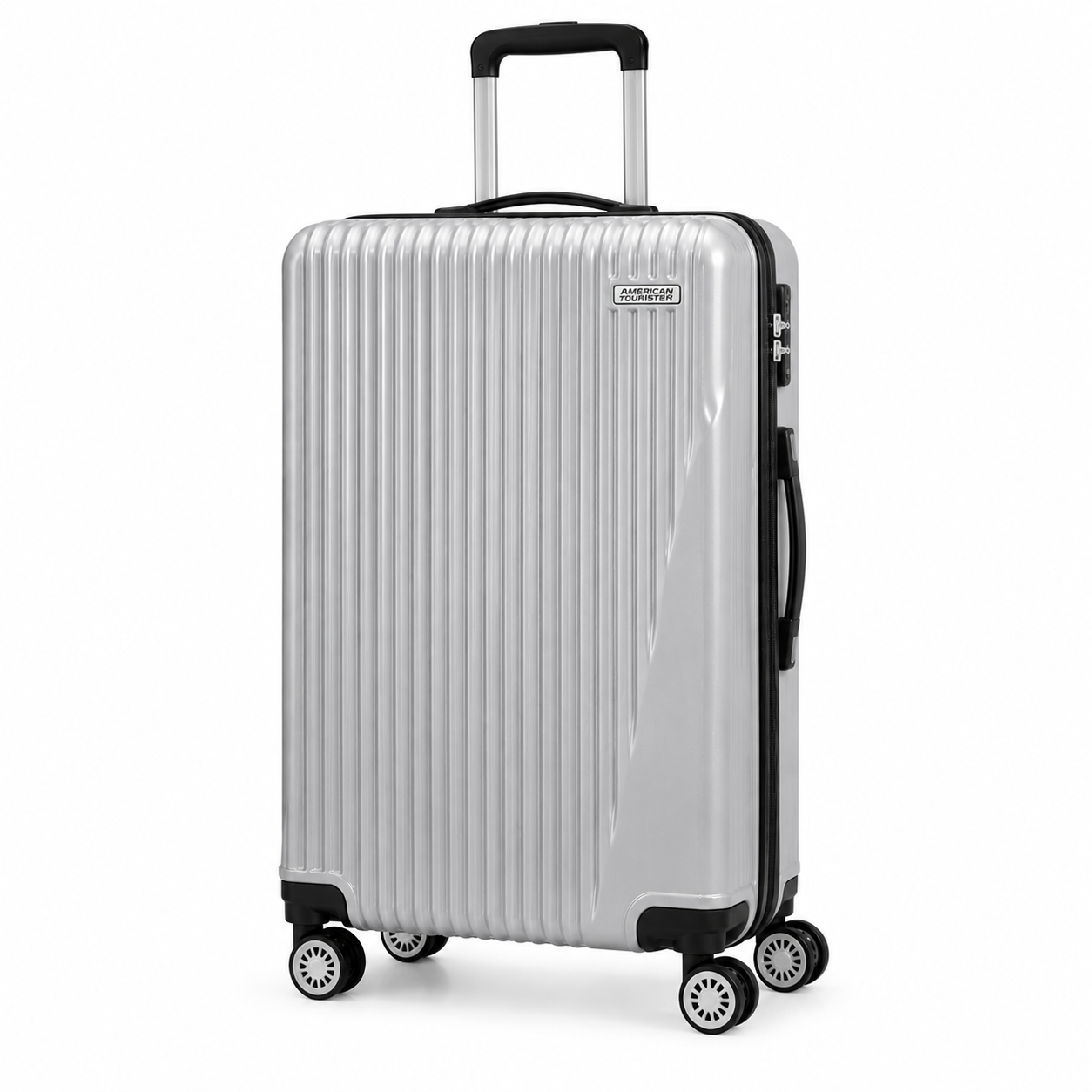 American Tourister Sky Park Spinner Suitcase Featuring A Distinctive Linear Groove Design - Silver