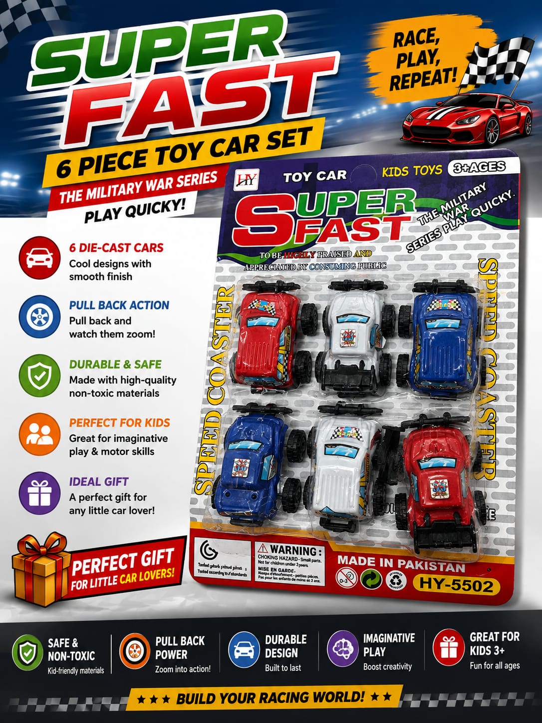 Super Fast 6-Piece Pull-Back Toy Car Set - HY-5502 - Win Bachat