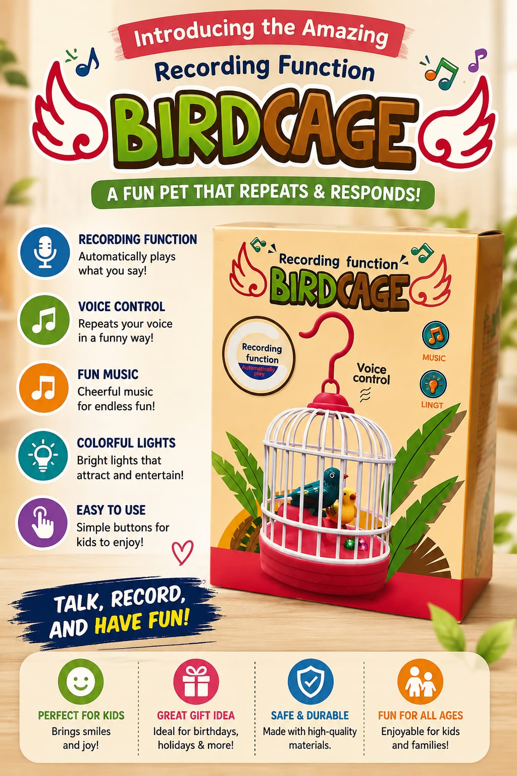 Recording Bird Cage Interactive Music Toy - Win Bachat