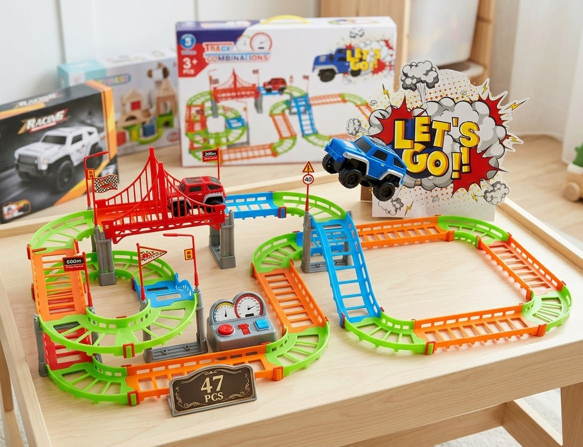 47-Piece Adventure Racing Track & Bridge Car Set - Win Bachat