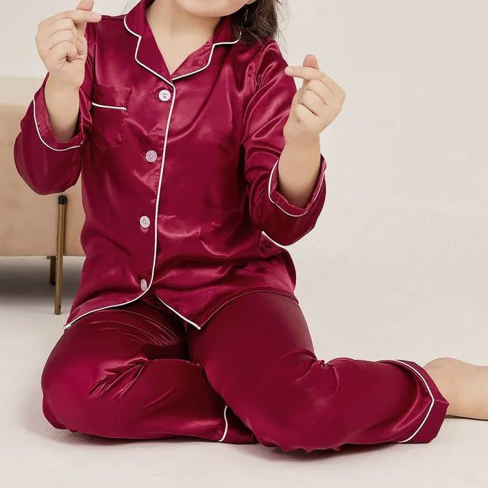KIDS NIGHT WEAR BABY TROUSER + SHIRT IMPORTED SILK - MAHROON - Win Bachat