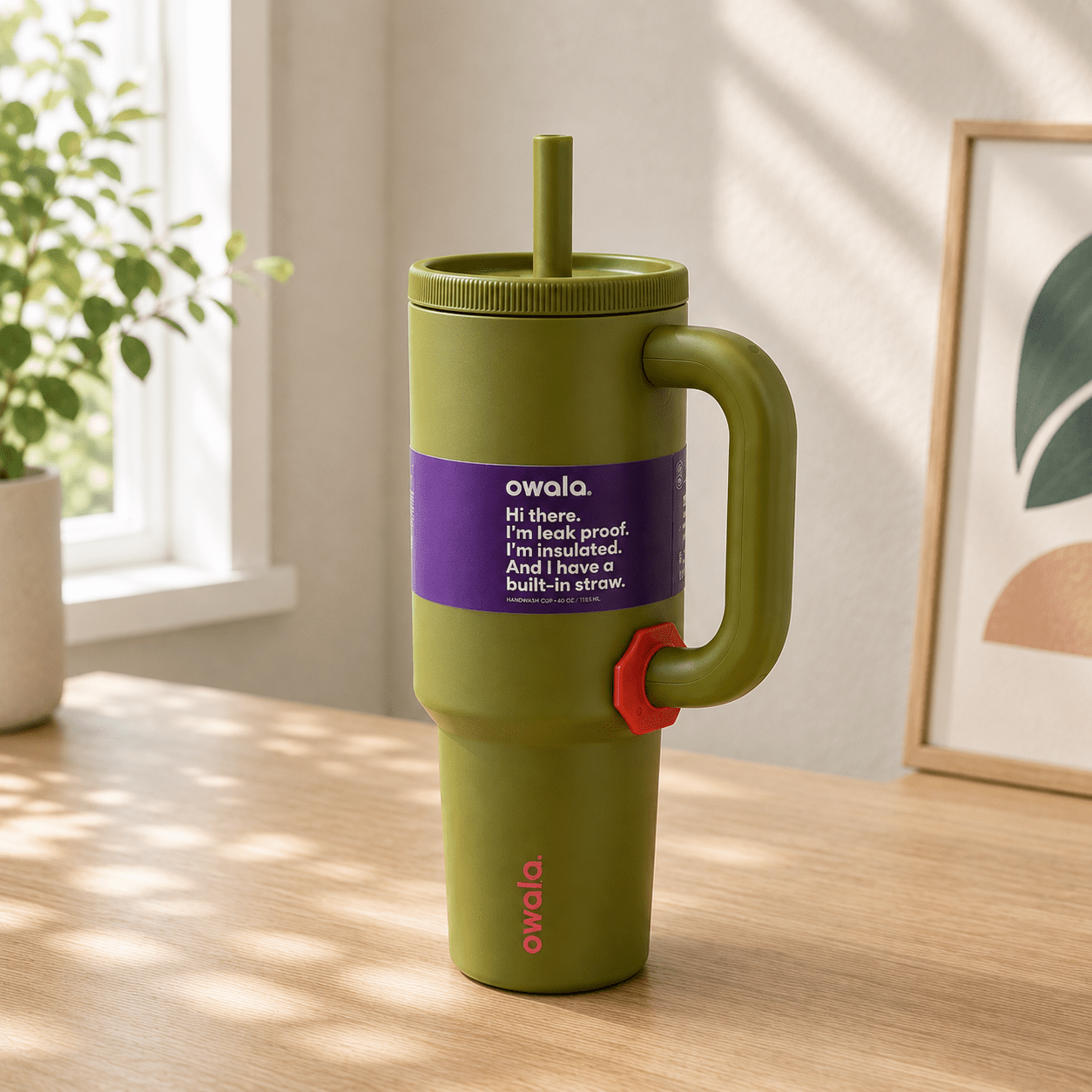 Olive Green Insulated Tumbler with Handle & Built-in Straw - Win Bachat