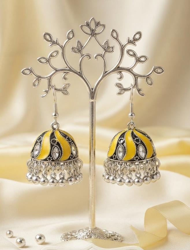 Oxidized Silver Yellow Enamel Jhumka Earrings for Women - Win Bachat