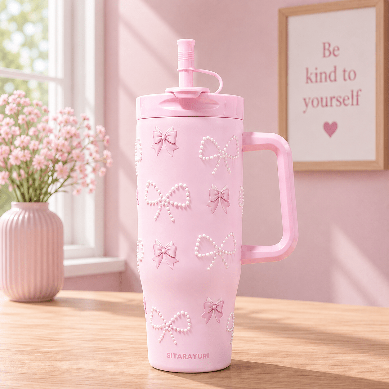 Pink Bow Print Insulated Tumbler with Handle & Straw - Win Bachat