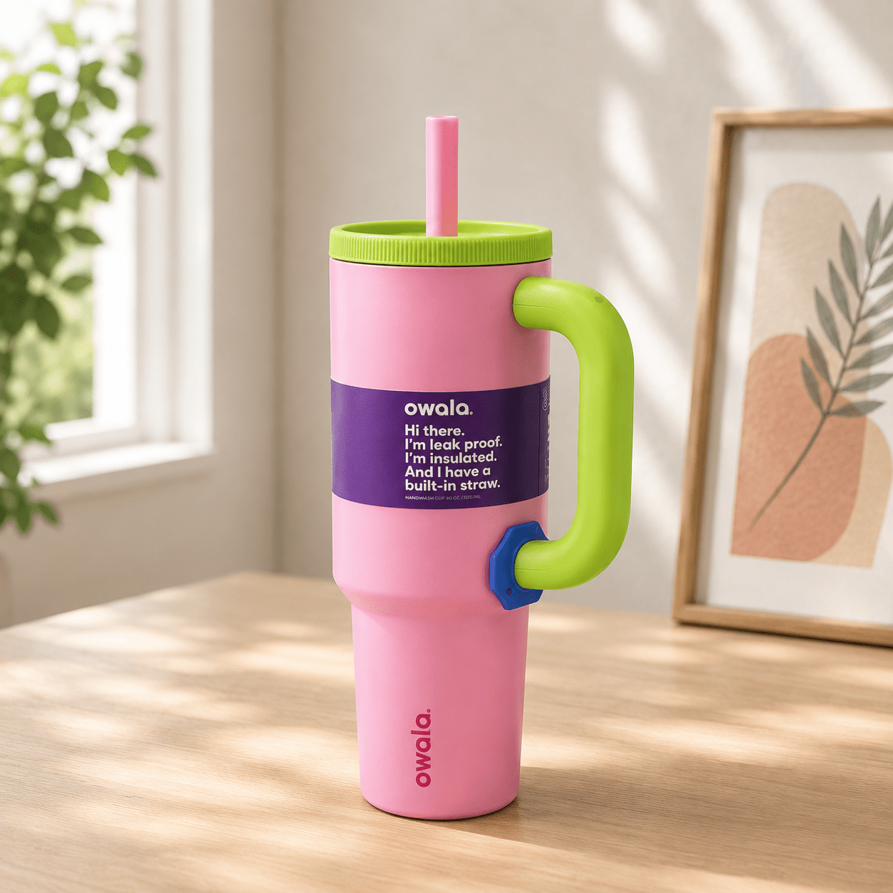 Pink Insulated Tumbler with Handle & Built-in Straw - Win Bachat