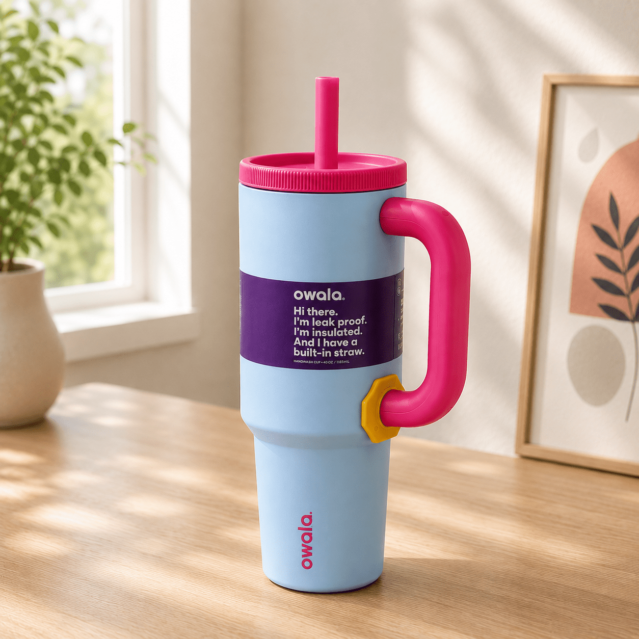 Sky Blue Insulated Tumbler with Handle & Built-in Straw - Win Bachat