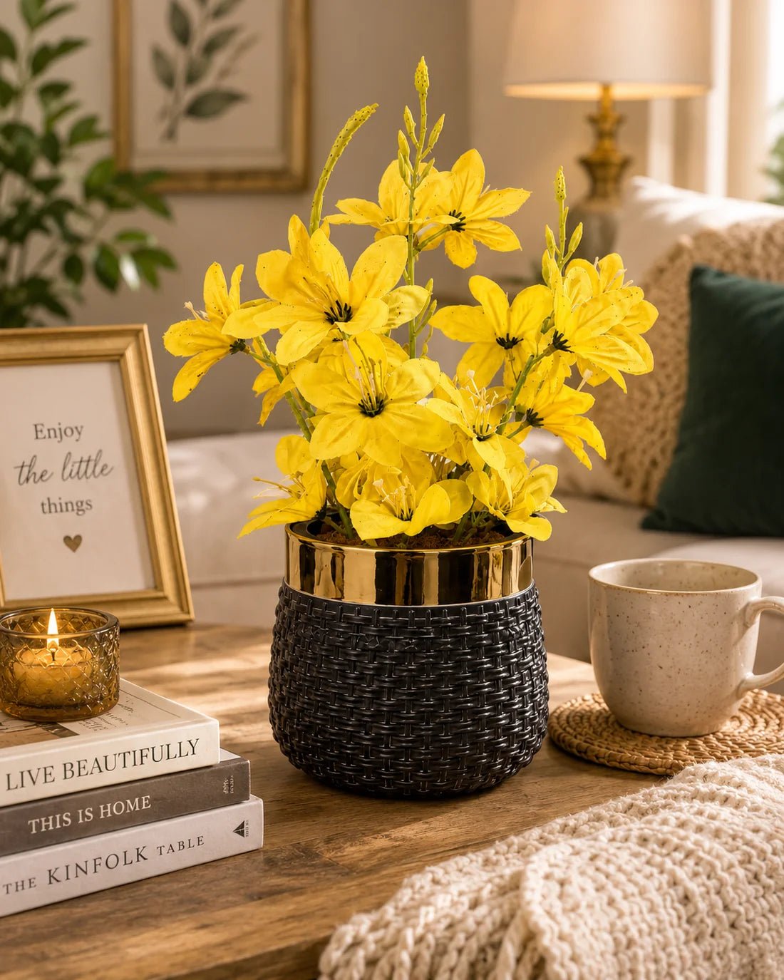 Yellow Artificial Flower Pot with Decorative Fiber Plastic Pot - Win Bachat