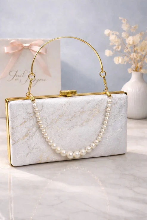 Luxury Pearl Handle Clutch - White Marble