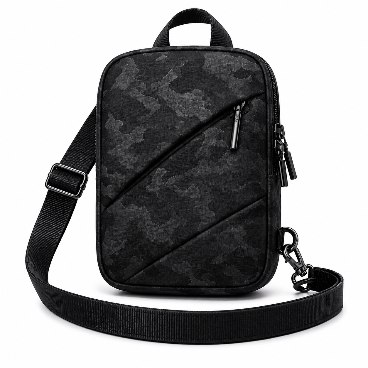 Men Shoulder Bag Small Square Nylon Camouflage Crossbody Bag - Black