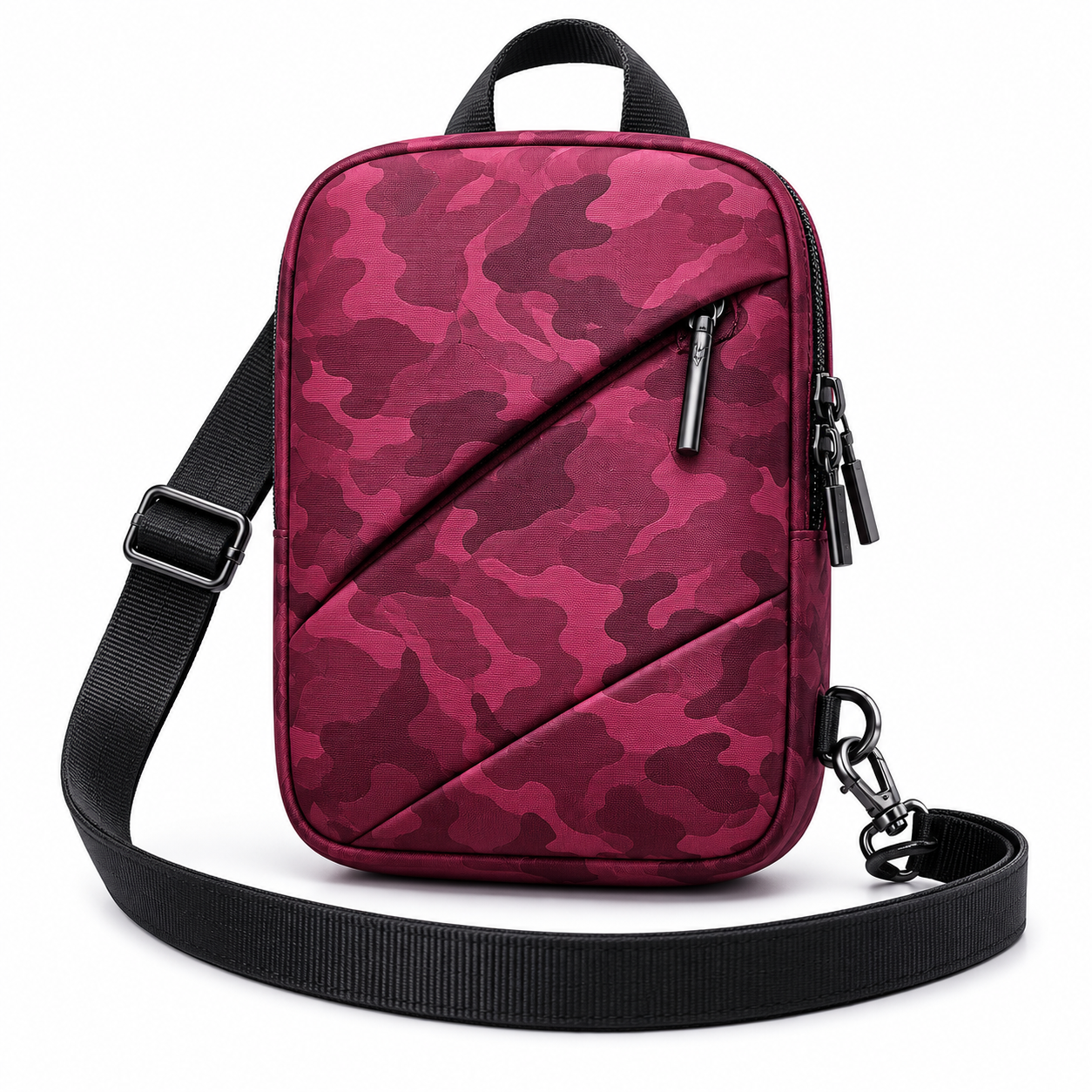 Men Shoulder Bag Small Square Nylon Camouflage Crossbody Bag - Dark Pink