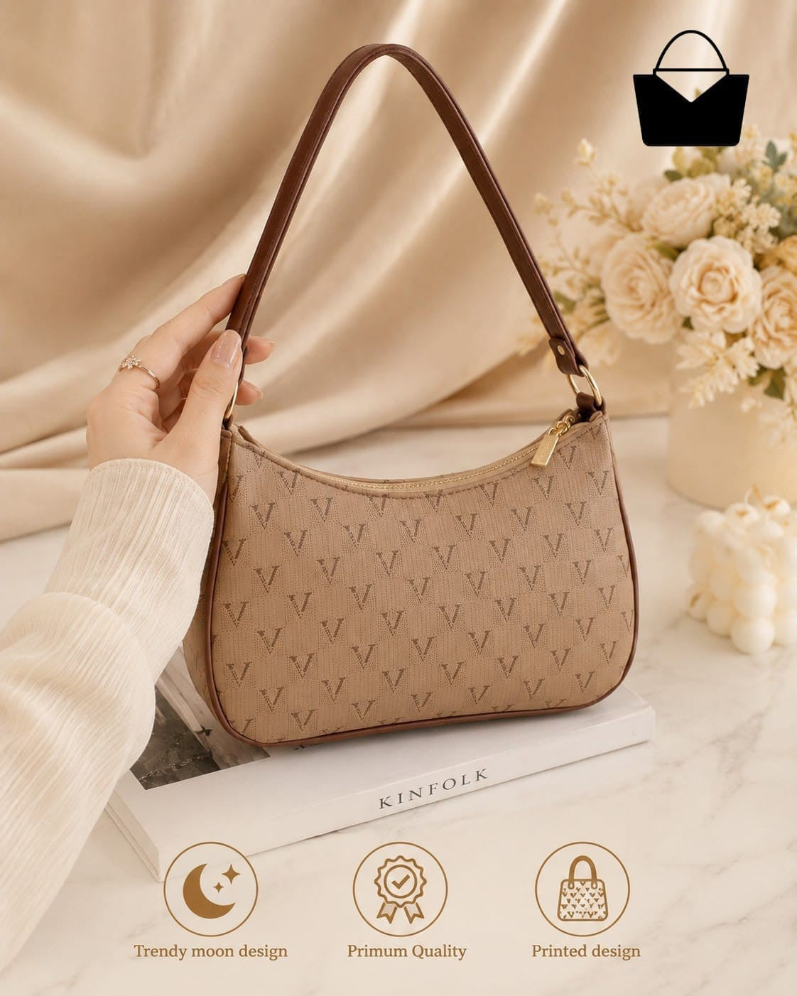 Women's Trendy Moon Design Shoulder Handbag - Gold