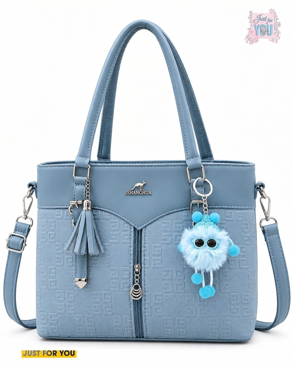 Women's Large Double Zipper Shoulder Handbag with Keychain - Sky Blue