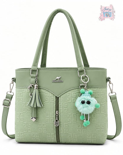 Women's Large Double Zipper Shoulder Handbag with Keychain - Green