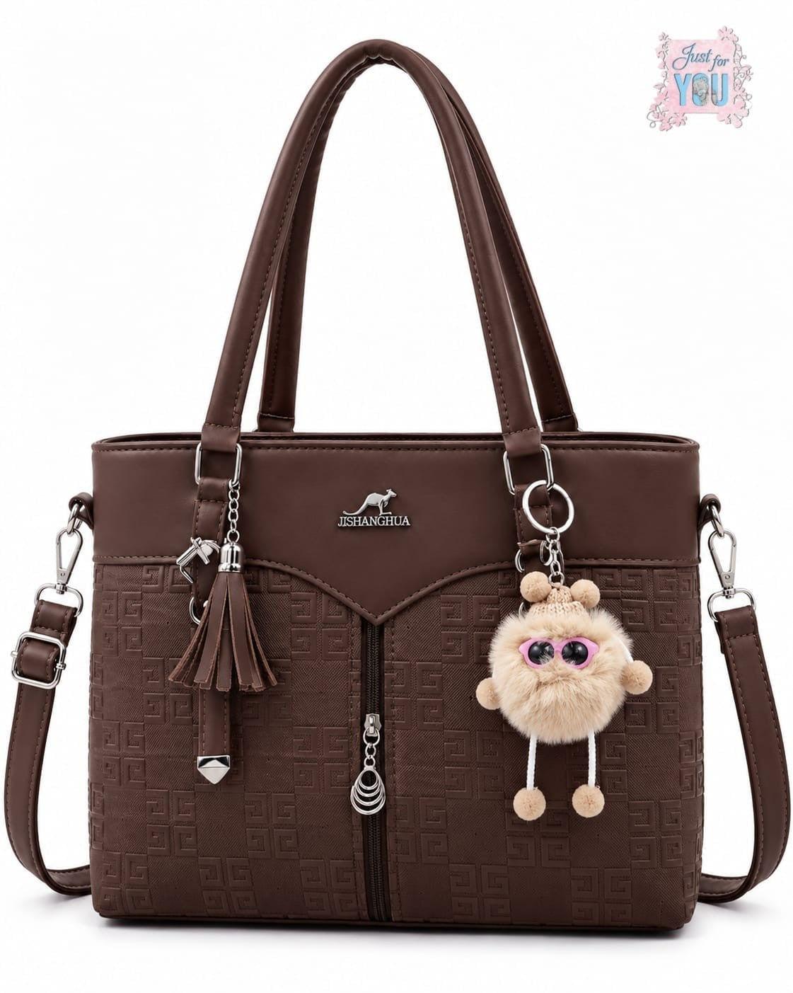 Women's Large Double Zipper Shoulder Handbag with Keychain - Brown