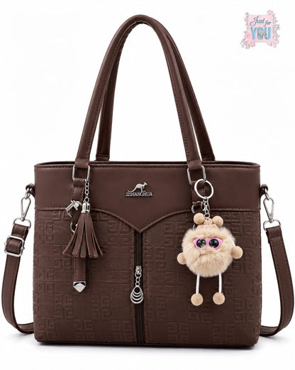 Women's Large Double Zipper Shoulder Handbag with Keychain - Brown