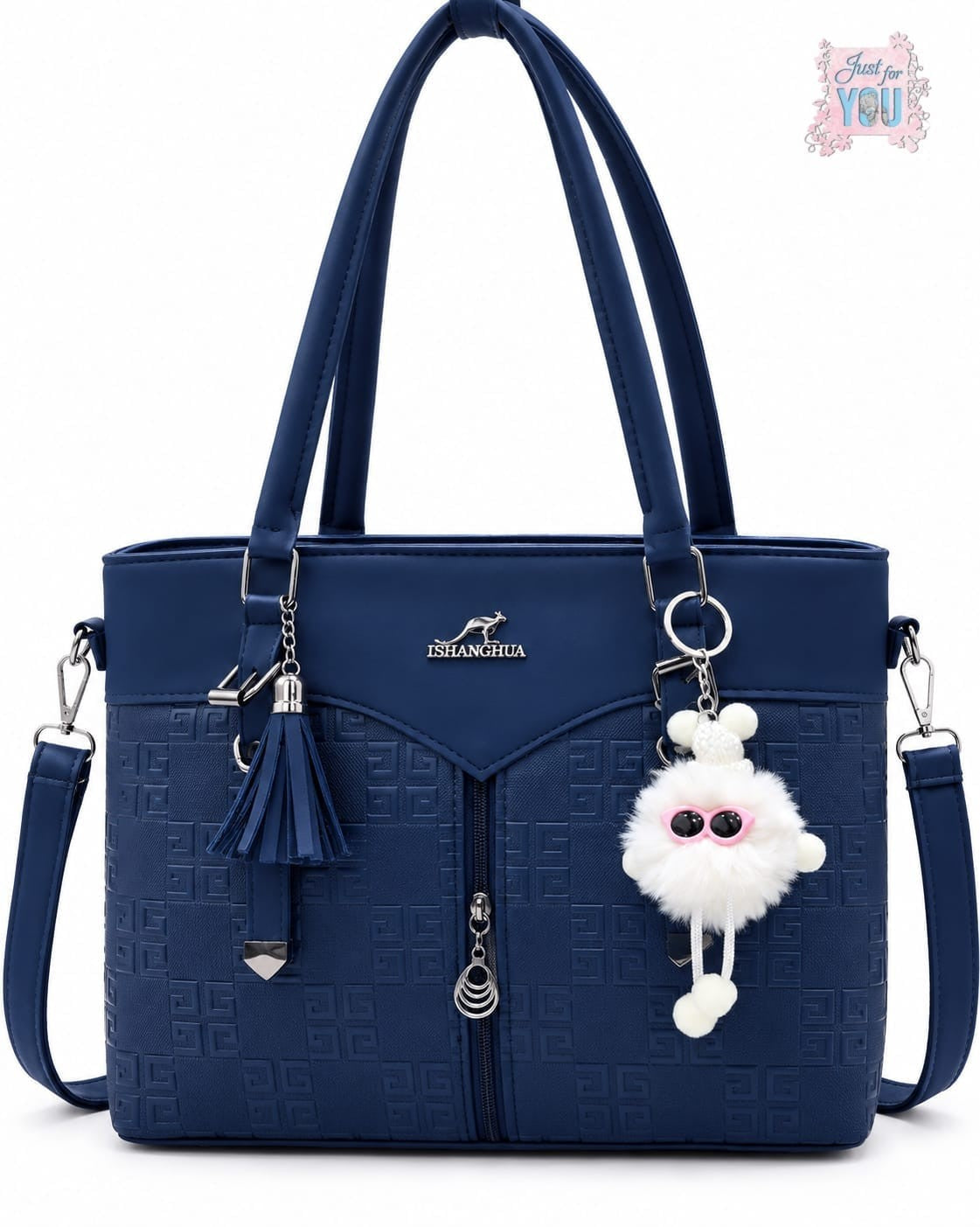 Women's Large Double Zipper Shoulder Handbag with Keychain - Navy Blue