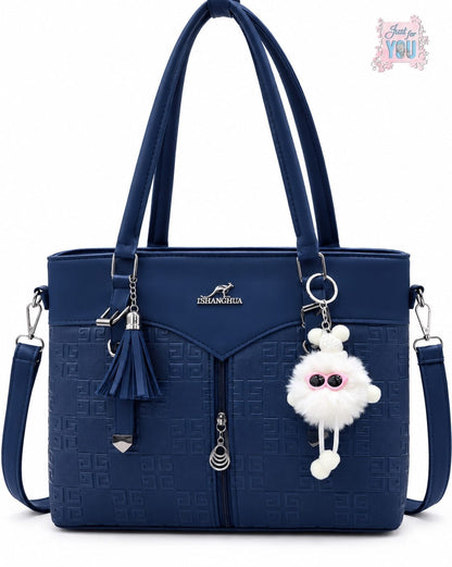 Women's Large Double Zipper Shoulder Handbag with Keychain - Navy Blue