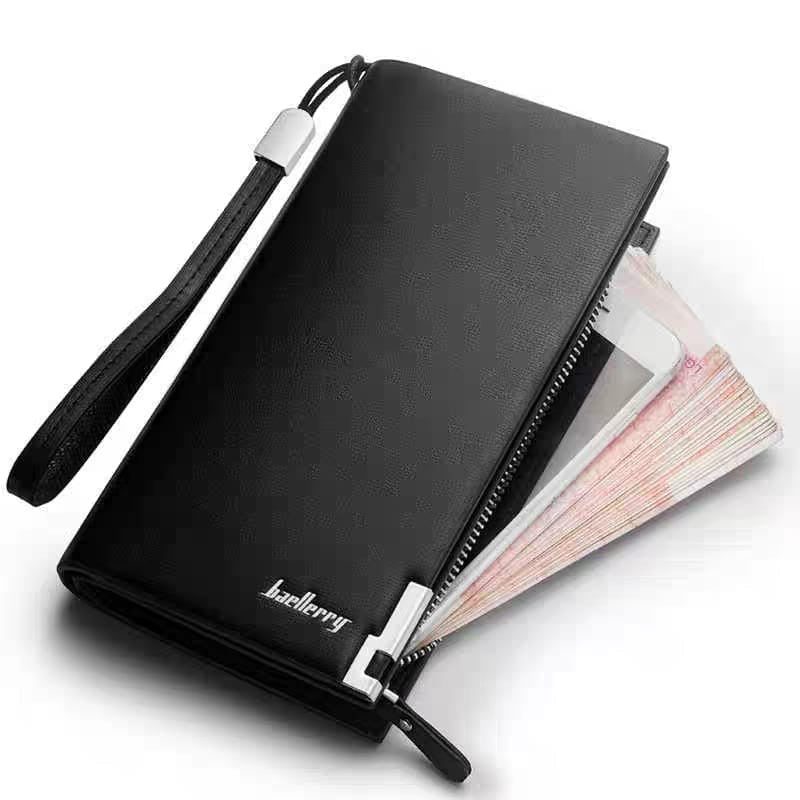 Unisex Black Long Zipper Wallet with Wrist Strap - Black