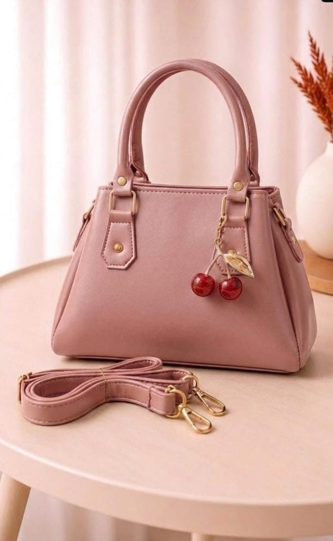 Women's Elegant White Handbag with Cherry Charm & Shoulder Strap - Pink