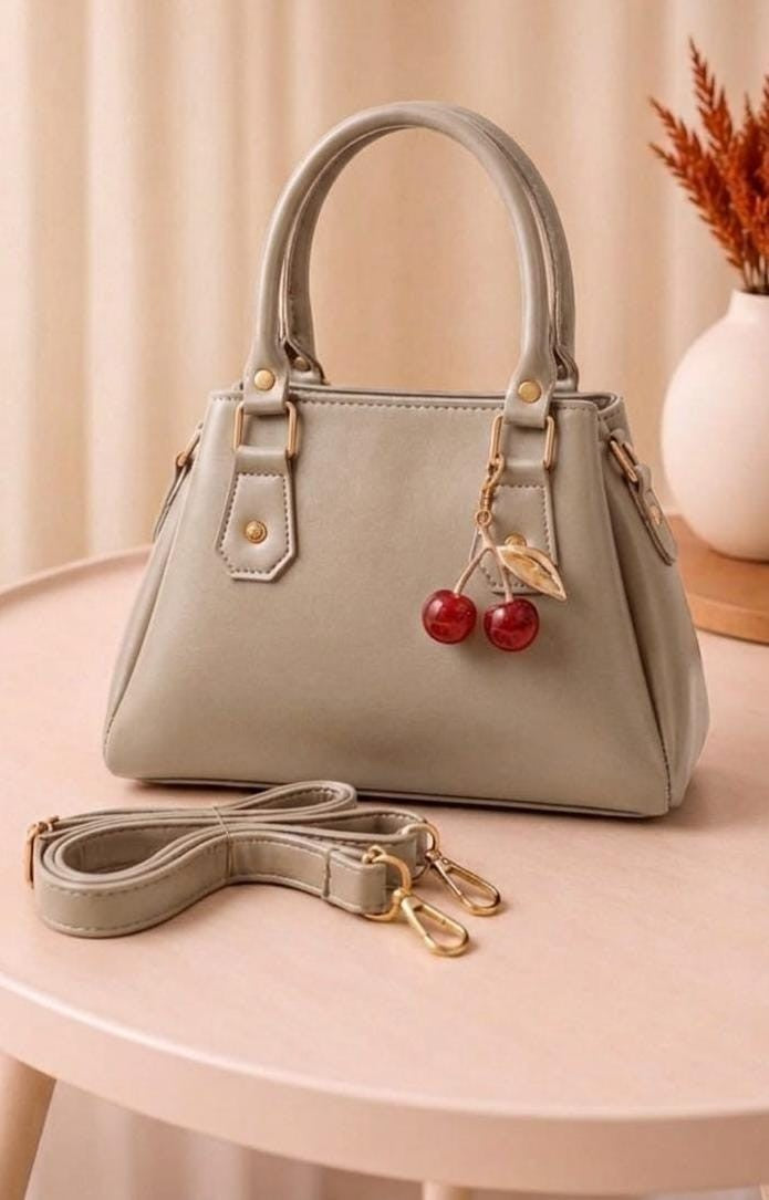 Women's Elegant White Handbag with Cherry Charm & Shoulder Strap - Skin