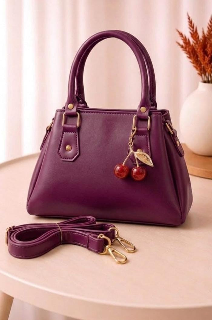 Women's Elegant White Handbag with Cherry Charm & Shoulder Strap - Light Purple
