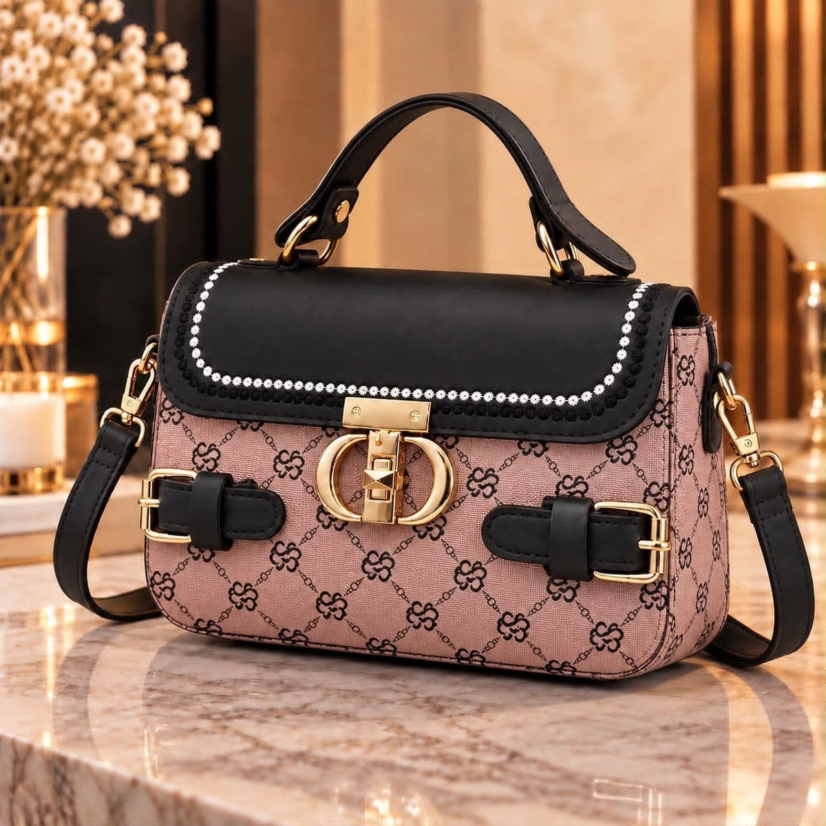Stylish Printed Crossbody Bag for Girls - Black and Pink