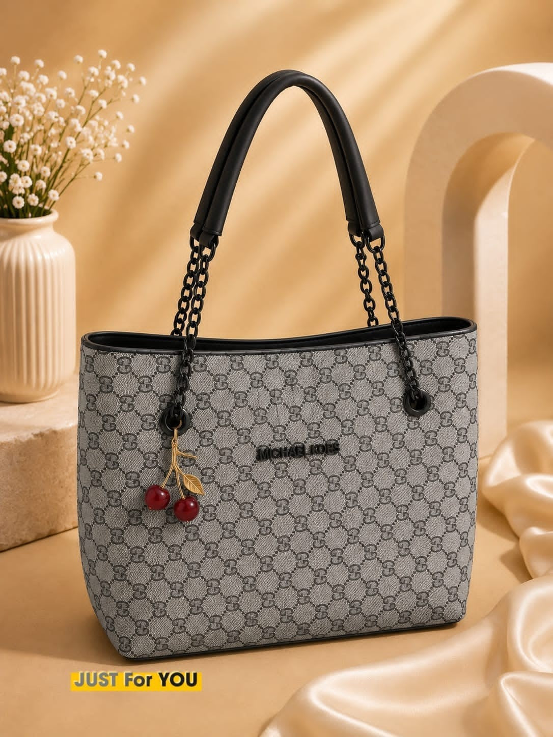 Elegant Monogram Tote Bag with Cherry Keychain for Women - Silver