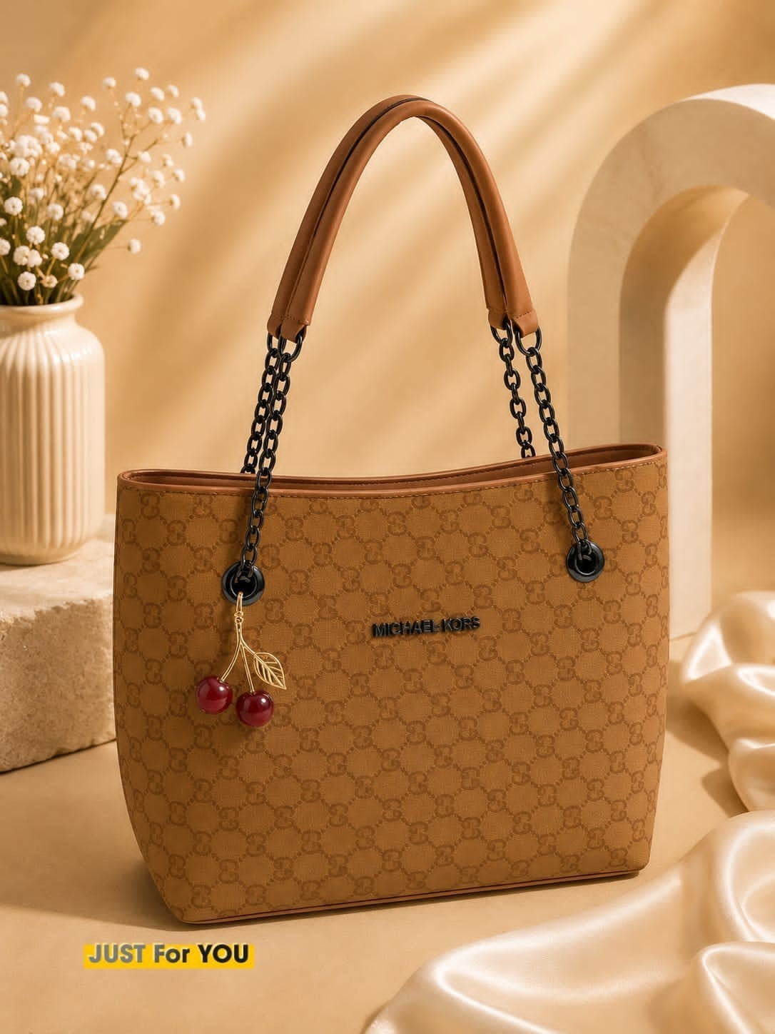 Elegant Monogram Tote Bag with Cherry Keychain for Women - Light Brown