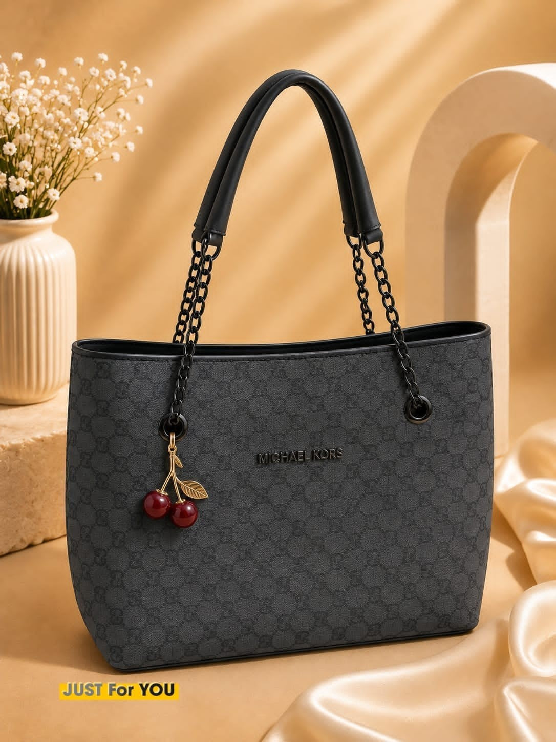 Elegant Monogram Tote Bag with Cherry Keychain for Women - Dark Grey
