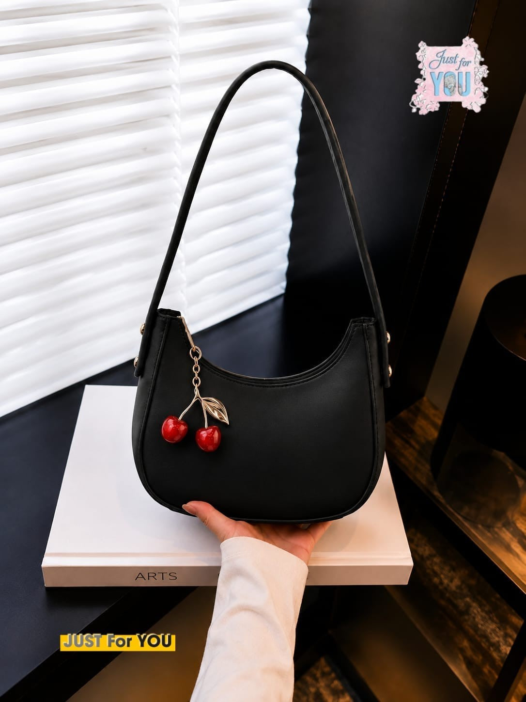 Trendy Black Moon Style Shoulder Bag with Cherry Keychain - Black