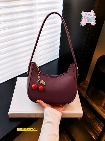 Trendy Black Moon Style Shoulder Bag with Cherry Keychain - Mehroon
