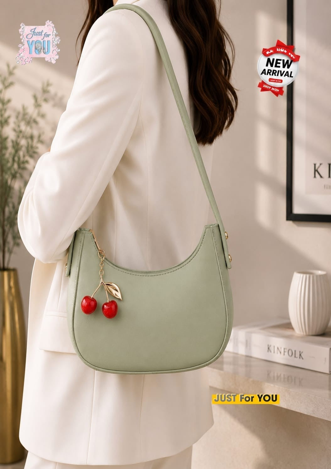 Trendy Black Moon Style Shoulder Bag with Cherry Keychain - Light Green