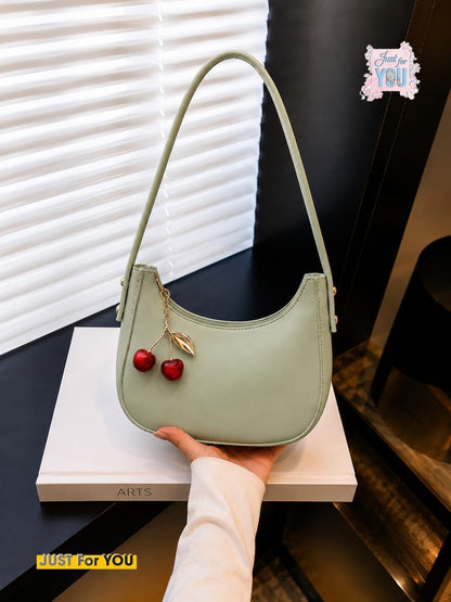 Trendy Black Moon Style Shoulder Bag with Cherry Keychain - Light Green (Angle 1)