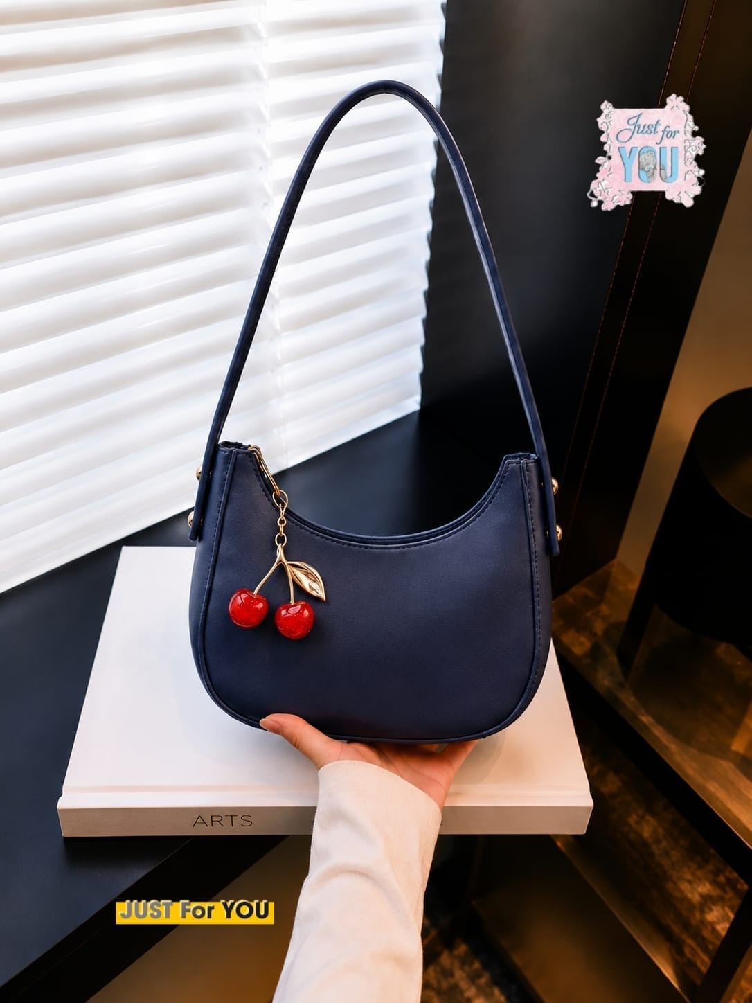Trendy Black Moon Style Shoulder Bag with Cherry Keychain - Blue
