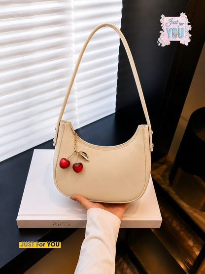 Trendy Black Moon Style Shoulder Bag with Cherry Keychain - Skin