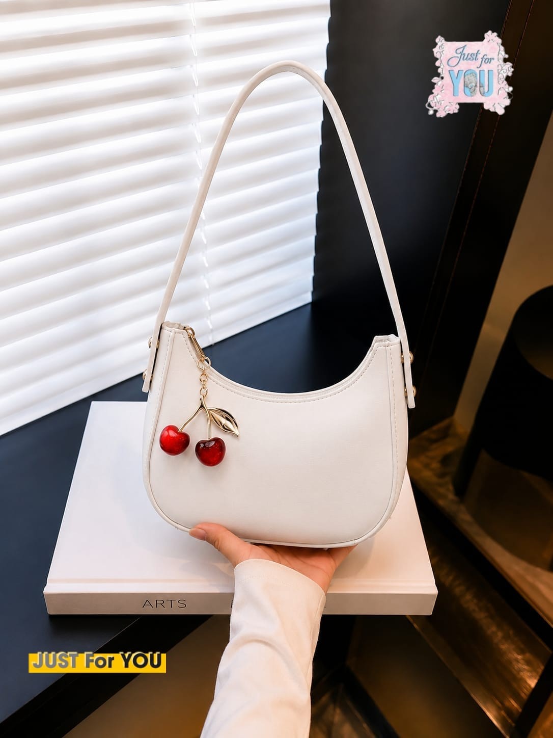 Trendy Black Moon Style Shoulder Bag with Cherry Keychain - White