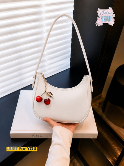 Trendy Black Moon Style Shoulder Bag with Cherry Keychain - White