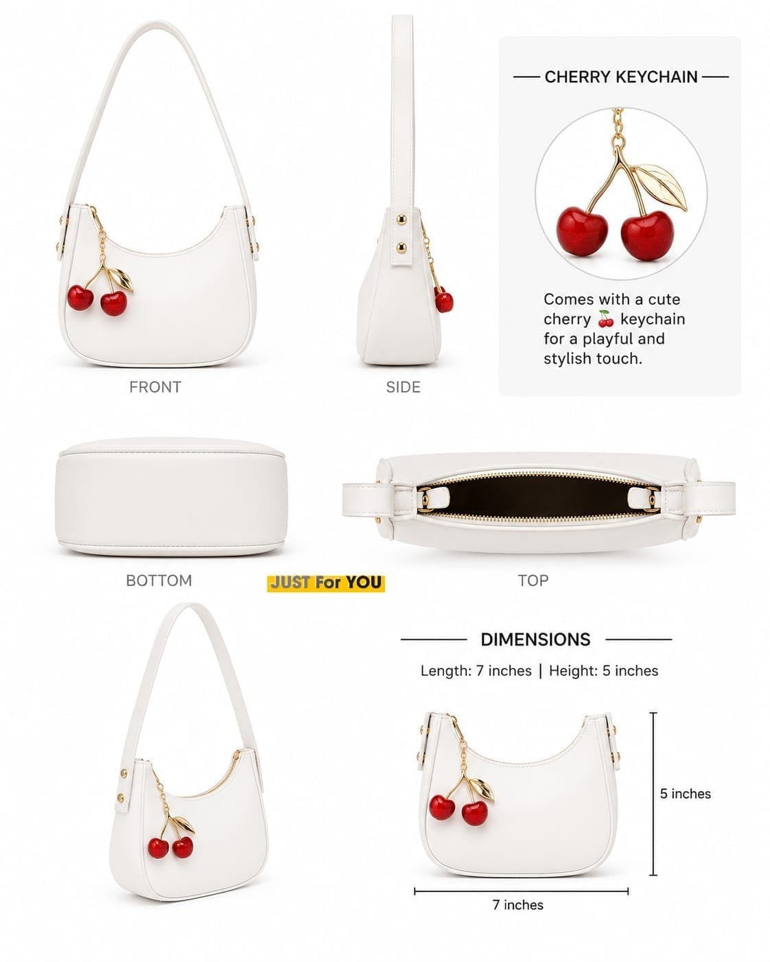 Trendy Black Moon Style Shoulder Bag with Cherry Keychain - White (Angle 1)