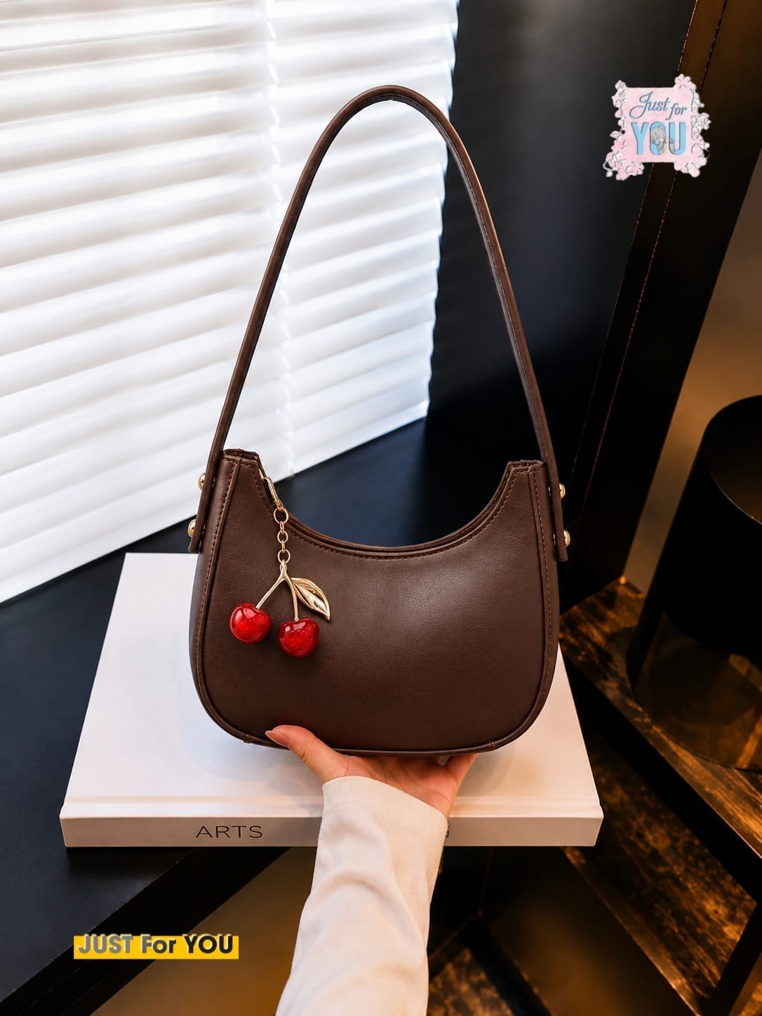 Trendy Black Moon Style Shoulder Bag with Cherry Keychain - Deep Brown