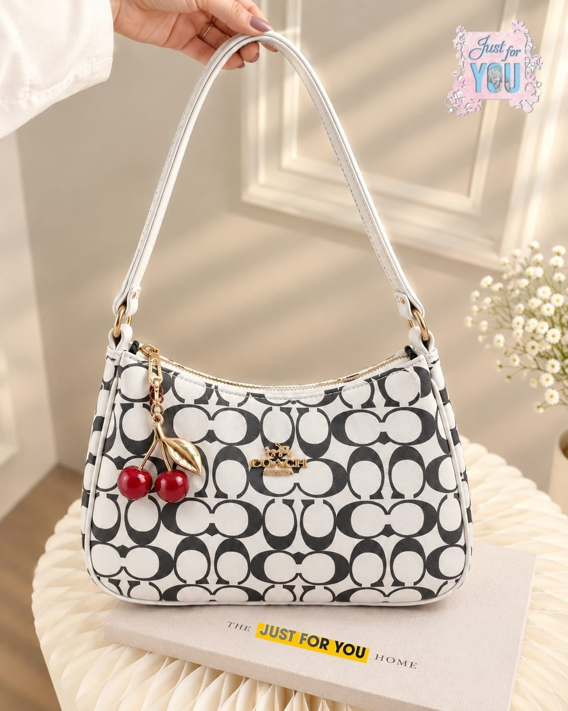 Trendy Monogram Shoulder Handbag with Cherry Keychain for Women - Black And White
