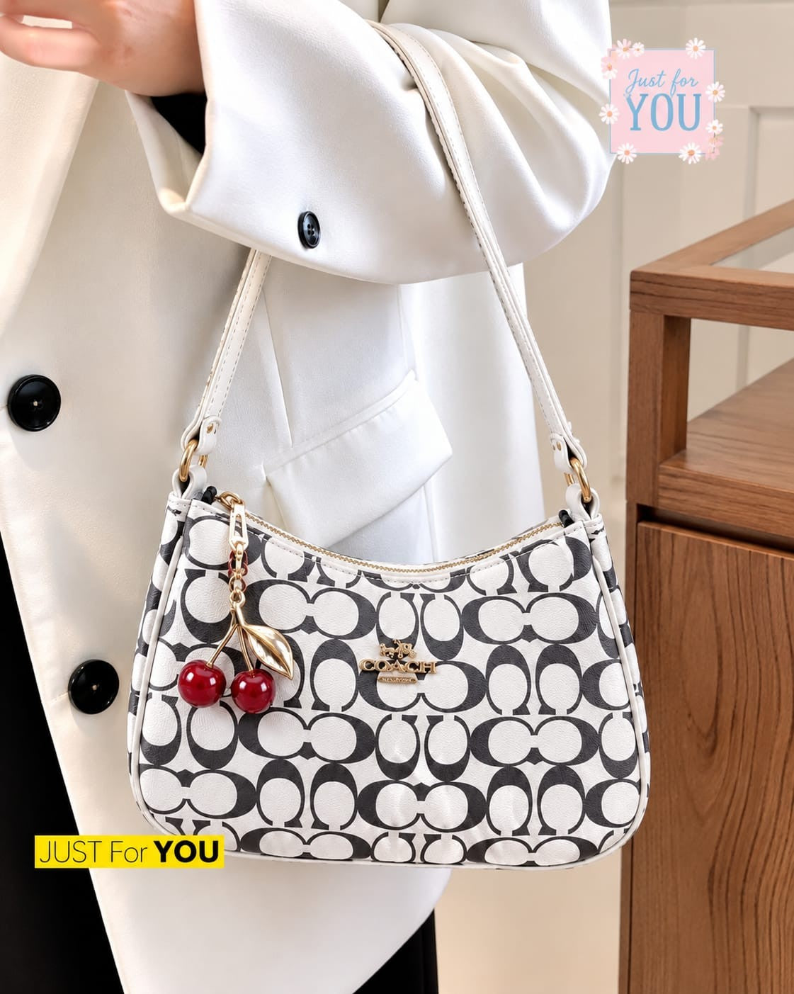 Trendy Monogram Shoulder Handbag with Cherry Keychain for Women - Black And White (Angle 1)