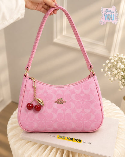 Trendy Monogram Shoulder Handbag with Cherry Keychain for Women - Pink