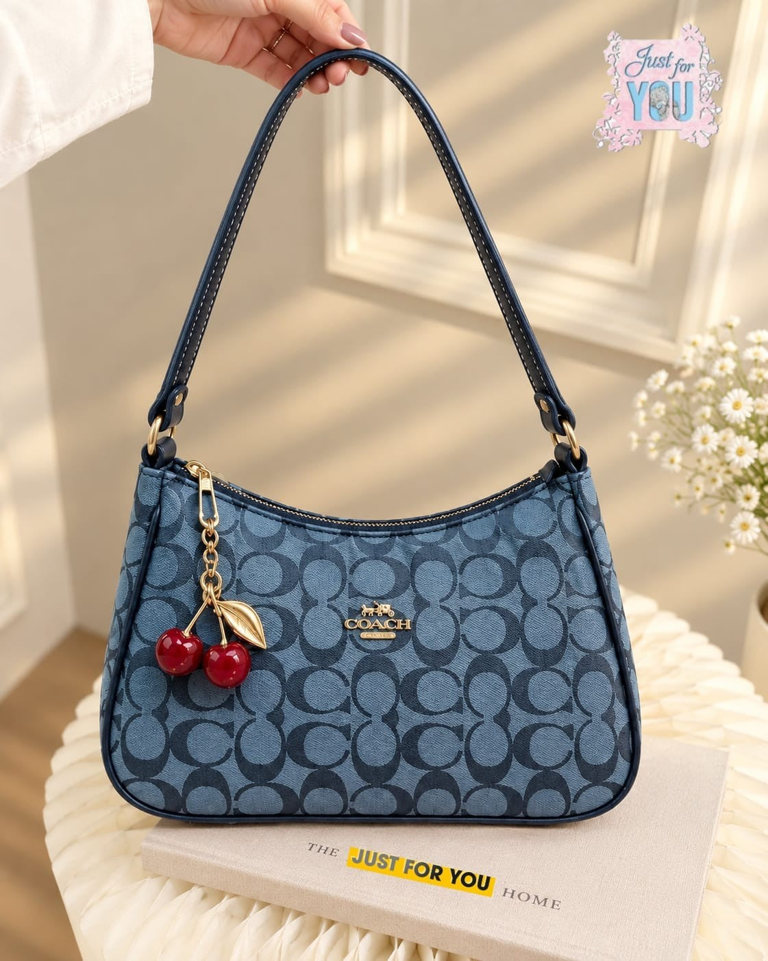 Trendy Monogram Shoulder Handbag with Cherry Keychain for Women - Blue