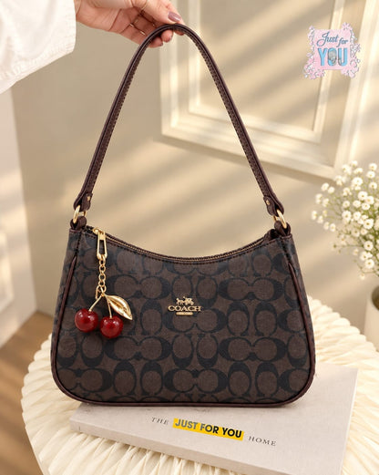 Trendy Monogram Shoulder Handbag with Cherry Keychain for Women - Brown and Black