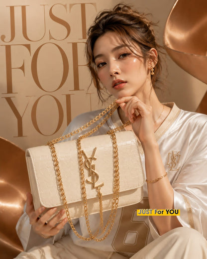 Luxury Style Crocodile Textured Chain Shoulder Bag for Women - Cream (Angle 1)