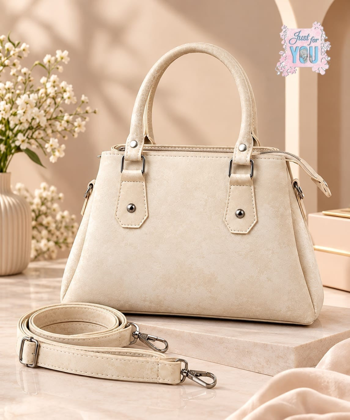 Rose Textured Handbag with Adjustable Shoulder Strap - Cream