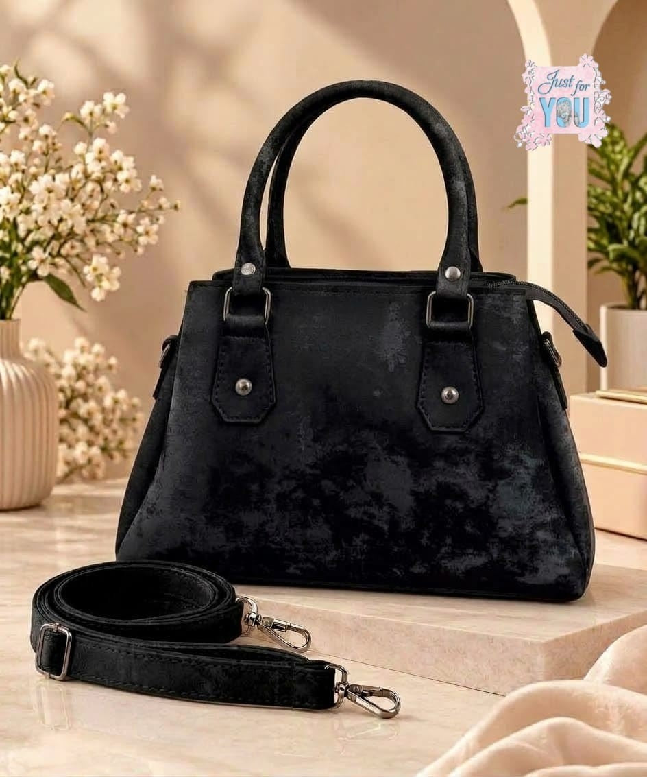 Rose Textured Handbag with Adjustable Shoulder Strap - Black