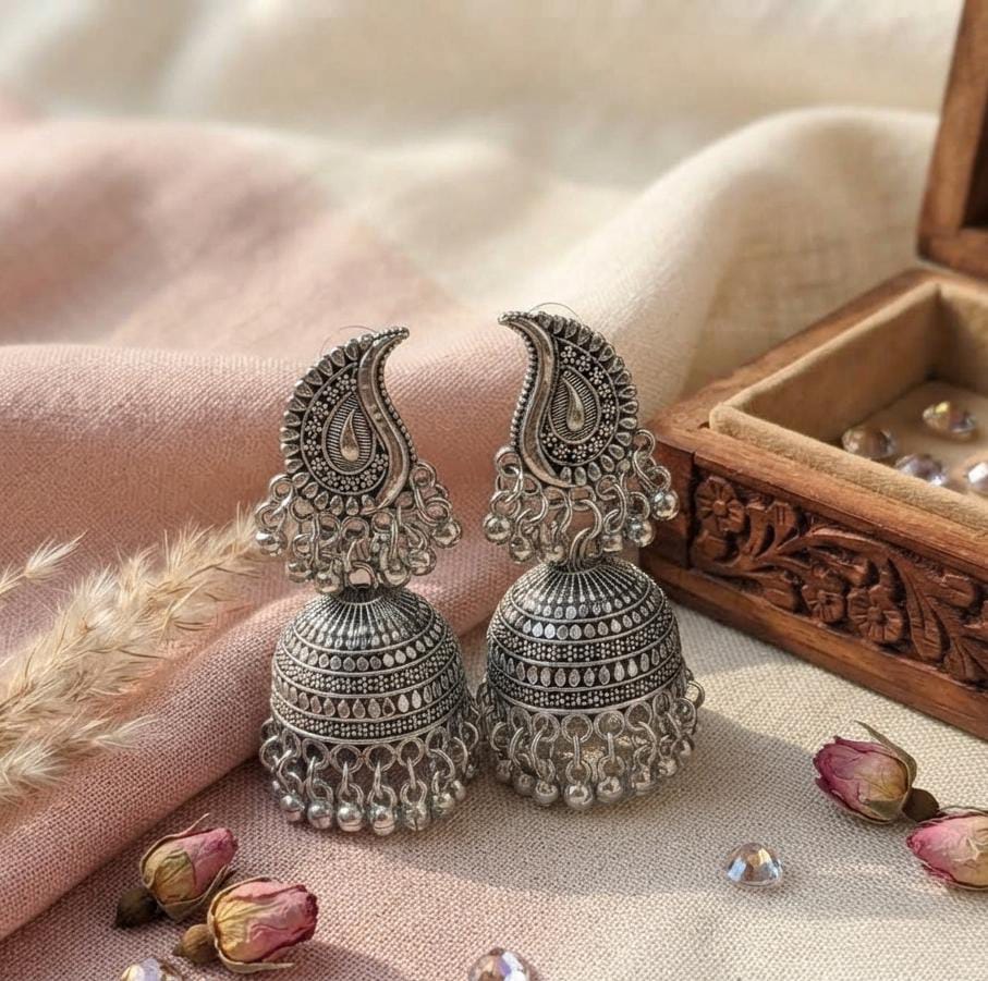 Paisley Oxidized Silver Jhumka Earrings - Win Bachat