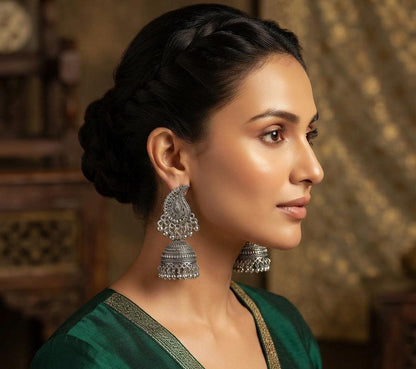 Paisley Oxidized Silver Jhumka Earrings - View 2 - Win Bachat