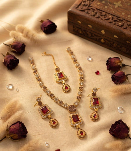 Ruby Red Stone Gold-Tone Jewellery Set - Win Bachat